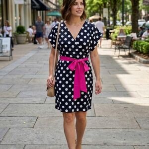 Eliza J Navy Polka Dot Midi Dress with Pink Belt
